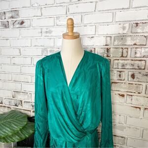Vintage 80s Lauren Alexander Petites Plunge Silk Green Wrap Midi Dress 12
